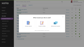 Educator account in Xello. The modal to add custom tasks is open and the options are Custom lesson, Custom activity, and Advisement session